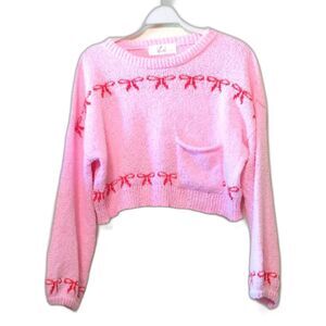 Y2K Pink Cropped Sweater KRUSH Twee Girly Bows Loose Soft Medium